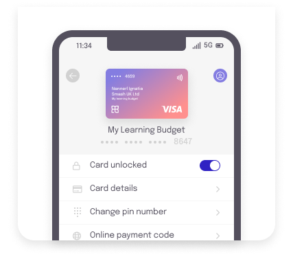 Simplified UI illustration: representation of a mobile phone screen with a payment card labelled "my learning budget" shown as "card unlocked" overall indicating the ability to view and manage assigned payment cards via self-service