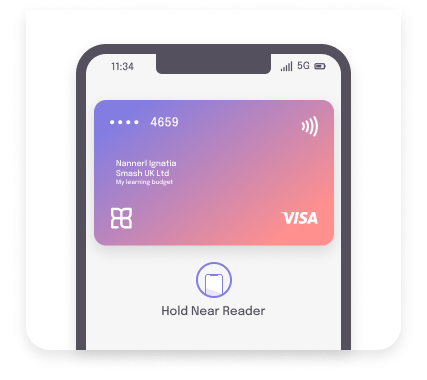 Simplified UI illustration: mobile phone with a payment card labelled "my learning budget" and text below "hold near reader" to suggest use of the payment card via a mobile wallet