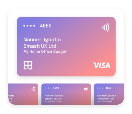 Simplified UI illustration: representation of a virtual payment card labelled "my home office budget" with multiple smaller card thumbnails underneath indicating "my learning budget", etc