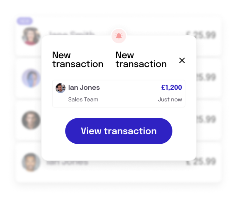 Simplified UI illustration: Alert about a new transaction from someone in the sales team, with a button "view transaction"