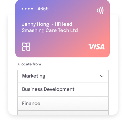 Simplified UI illustration: representation of a virtual payment card with options to fund purchases from different department budgets